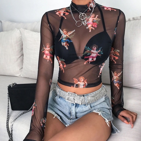 Tops - Black Mesh | Sheer Long Sleeve Crop Top
